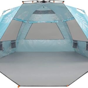 Enhanced (Prints) Deluxe XL Beach Tent 4-6 Person Popup Sun Shelter 99" Wide for Family UPF 50+ Double Silver Coated with Extended Zippered Porch Palm Tree Leaves
